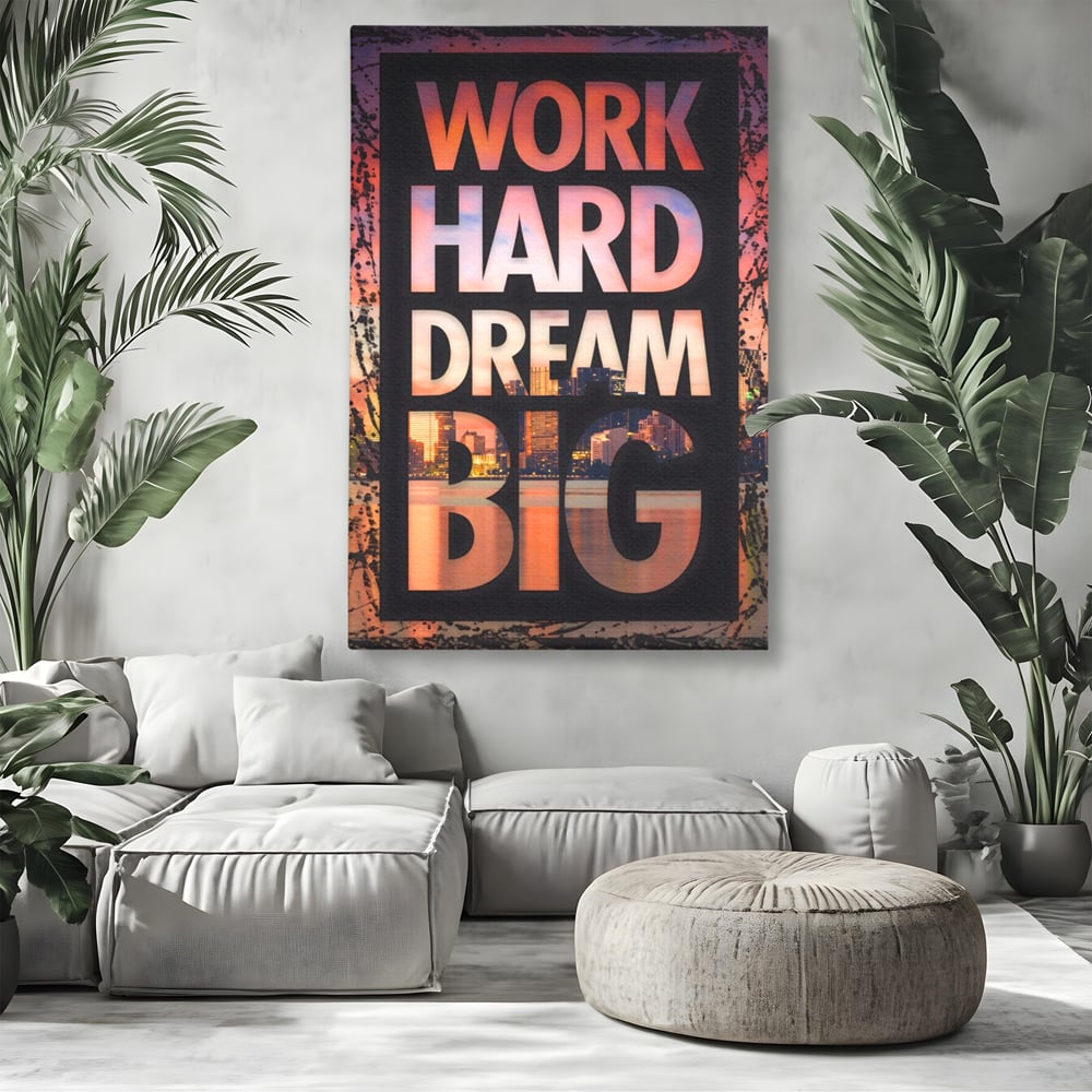 Tablou canvas cu tablou motivational cu peisaj urban nocturn, fara rama, pe sasiu de lemn, pe perete intr-un living